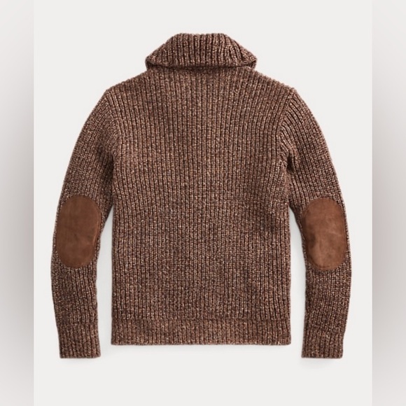 NWT Men’s Double RL - Suede Trim Marled Shawl Cardigan in Brown Tan Mark, Size M - Picture 2 of 12